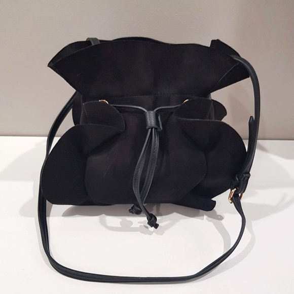 Seed Heritage Handbags - SEED Black Suede Like Ruffled Drawstring Bucket Bag